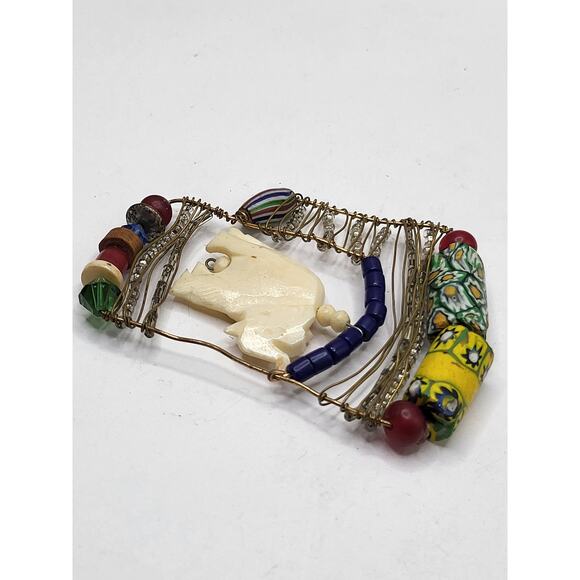 Boho Folk Art Elephant Pendant Mixed Media Beaded Wire Vintage Jewelry Piece - Picture 11 of 11